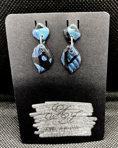 Black & Blue Glitter Wave Leaf Drop Clay Earrings - J & I Vision