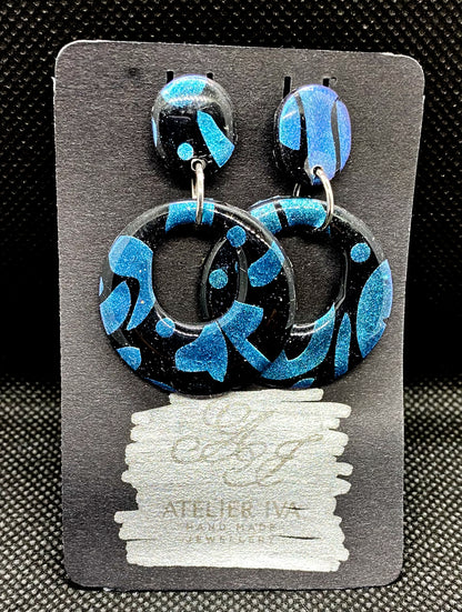 Black & Blue Abstract Open Circle Polymer Clay Earrings - J & I Vision