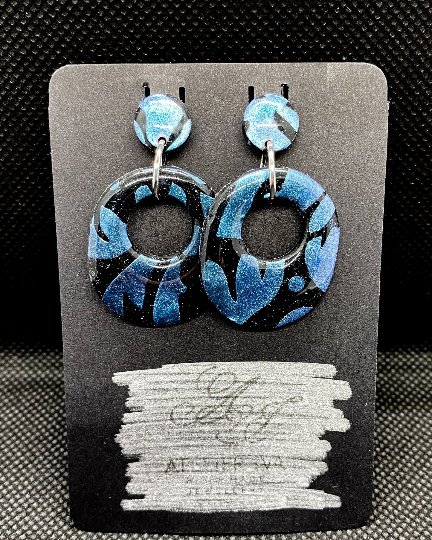Black & Blue Glitter Mosaic Open Oval Polymer Clay Earrings
