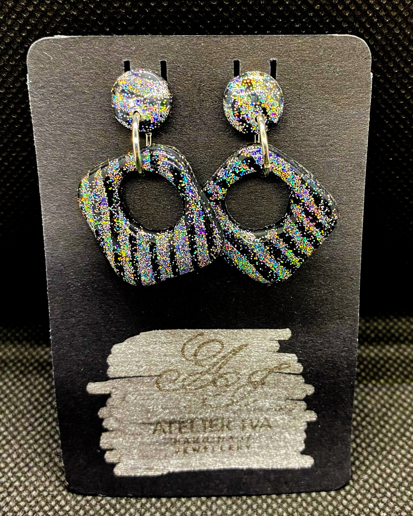 Black Holographic Glitter Striped Open Square Clay Earrings