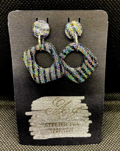 Black Holographic Glitter Striped Open Square Clay Earrings - J & I Vision