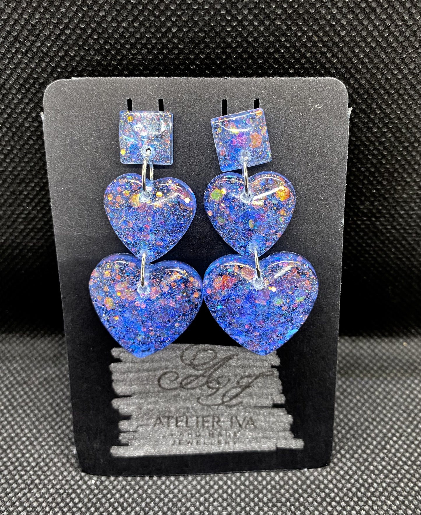 Blue Purple Glitter Double Heart Resin Earrings