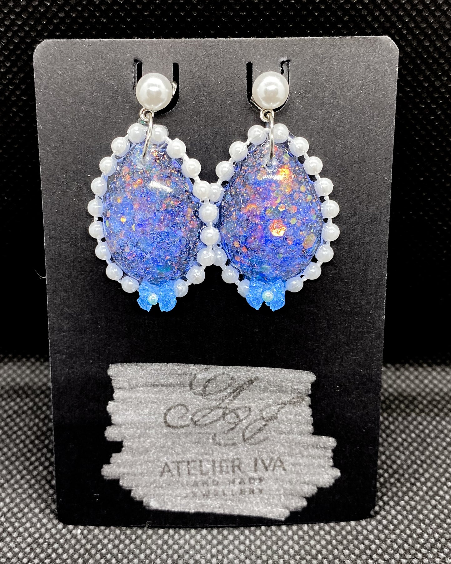 Galaxy Opal Resin Oval Earrings with Pearl & Bead Border