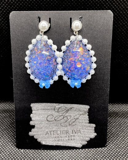 Galaxy Opal Resin Oval Earrings with Pearl & Bead Border - J & I Vision