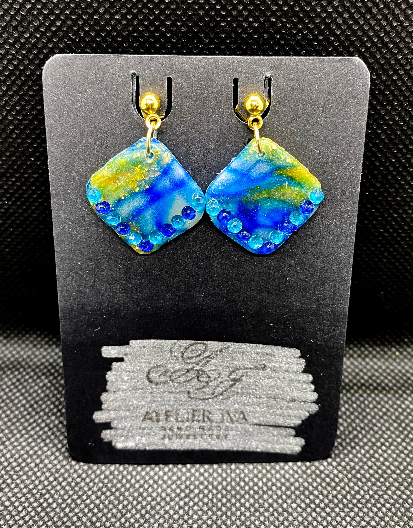 Blue & Gold Marbled Diamond Polymer Clay Earrings with Gem Detail
