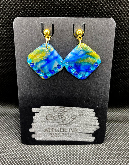 Blue & Gold Marbled Diamond Polymer Clay Earrings with Gem Detail - J & I Vision