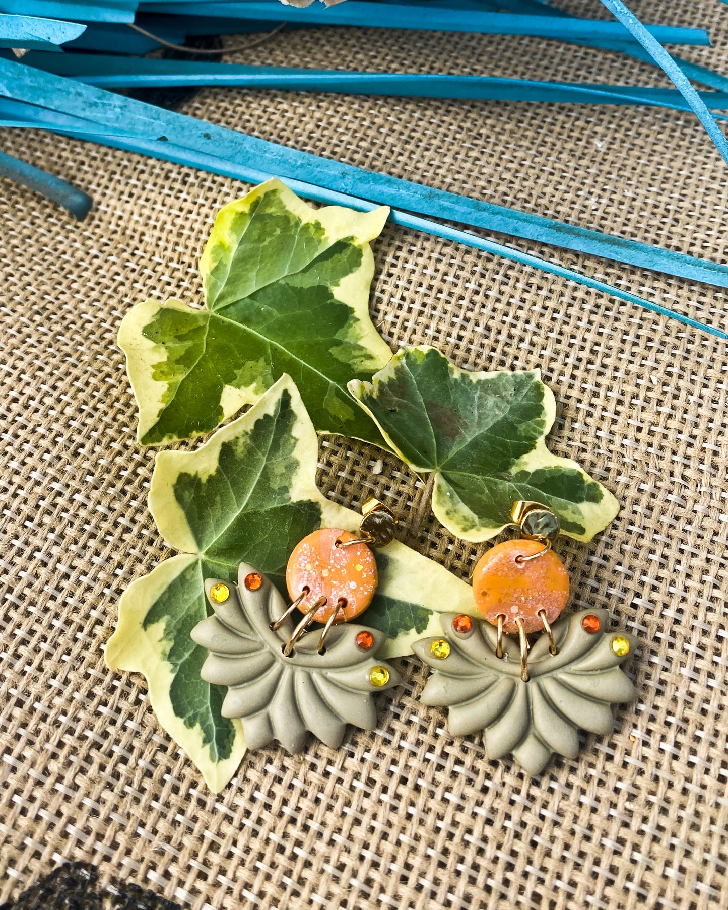 Sage & Orange Crystal Clay Earrings