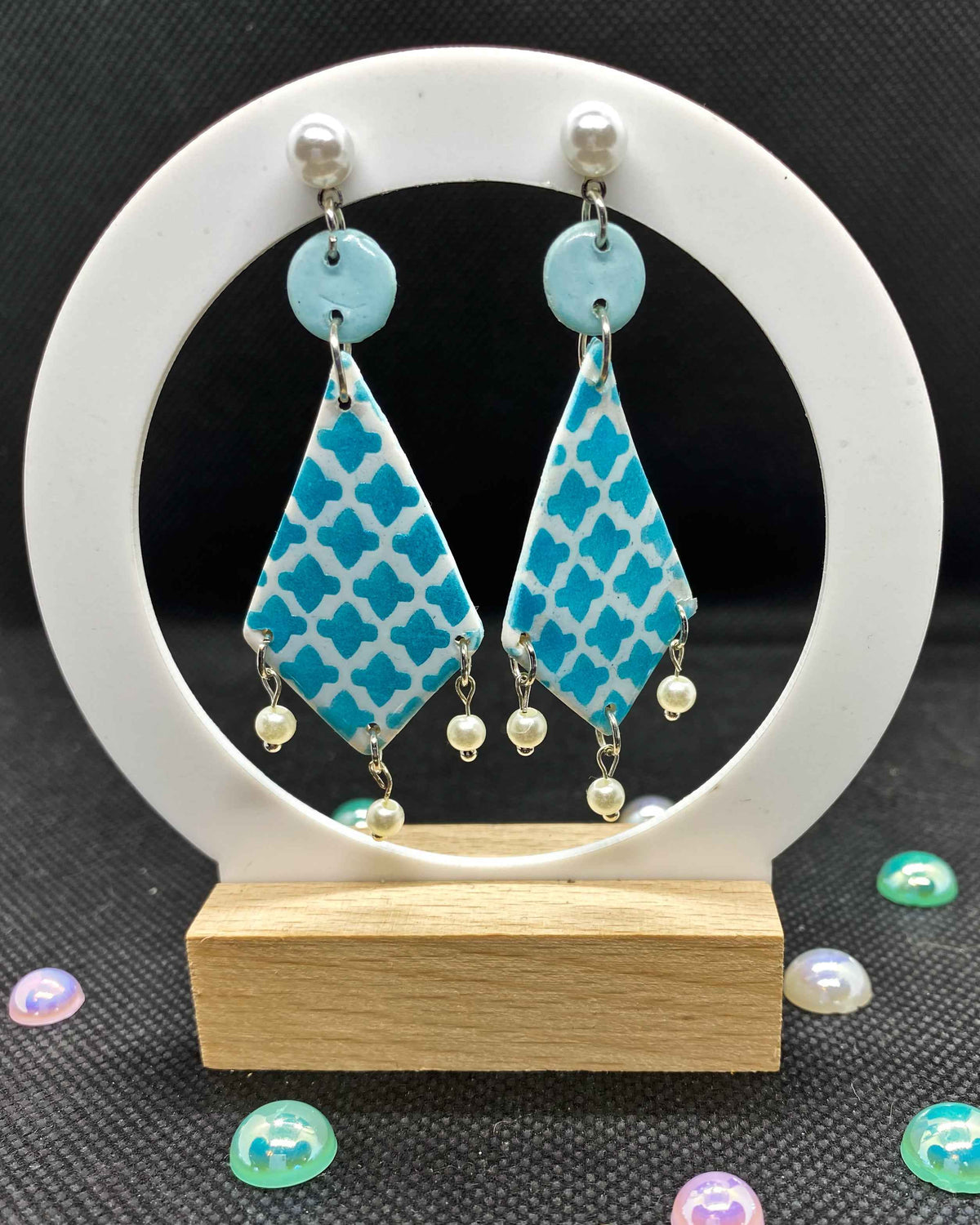 Teal Moroccan Clay Earrings with Pearl Drops