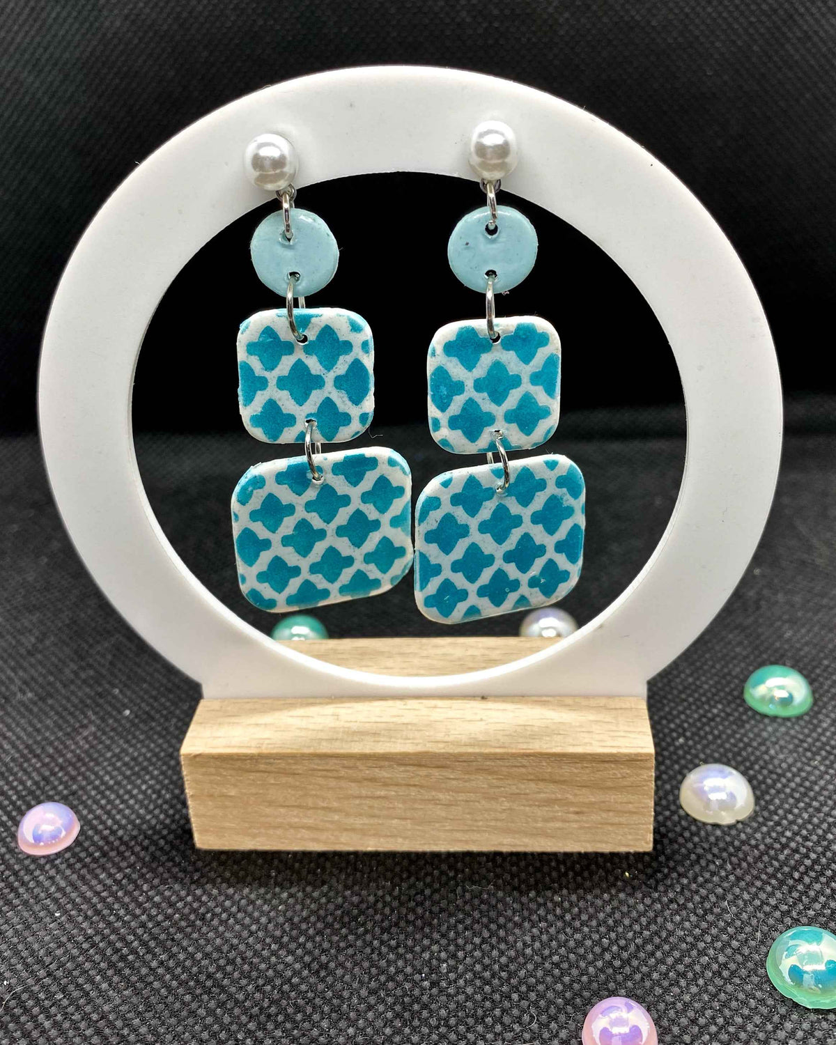 Teal Moroccan Double Square Clay Earrings