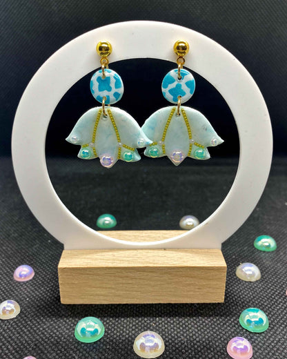 Teal Bell Flower Clay Earrings with Gold Seed Beads
