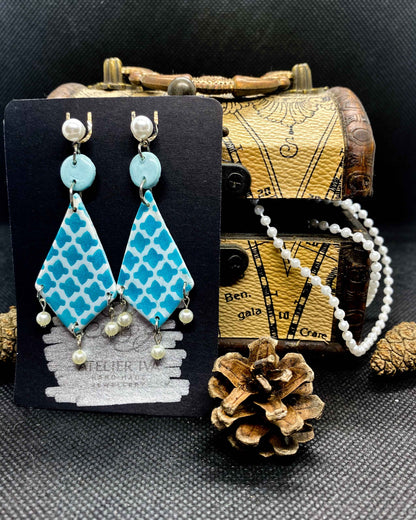 Teal Moroccan Clay Earrings with Pearl Drops