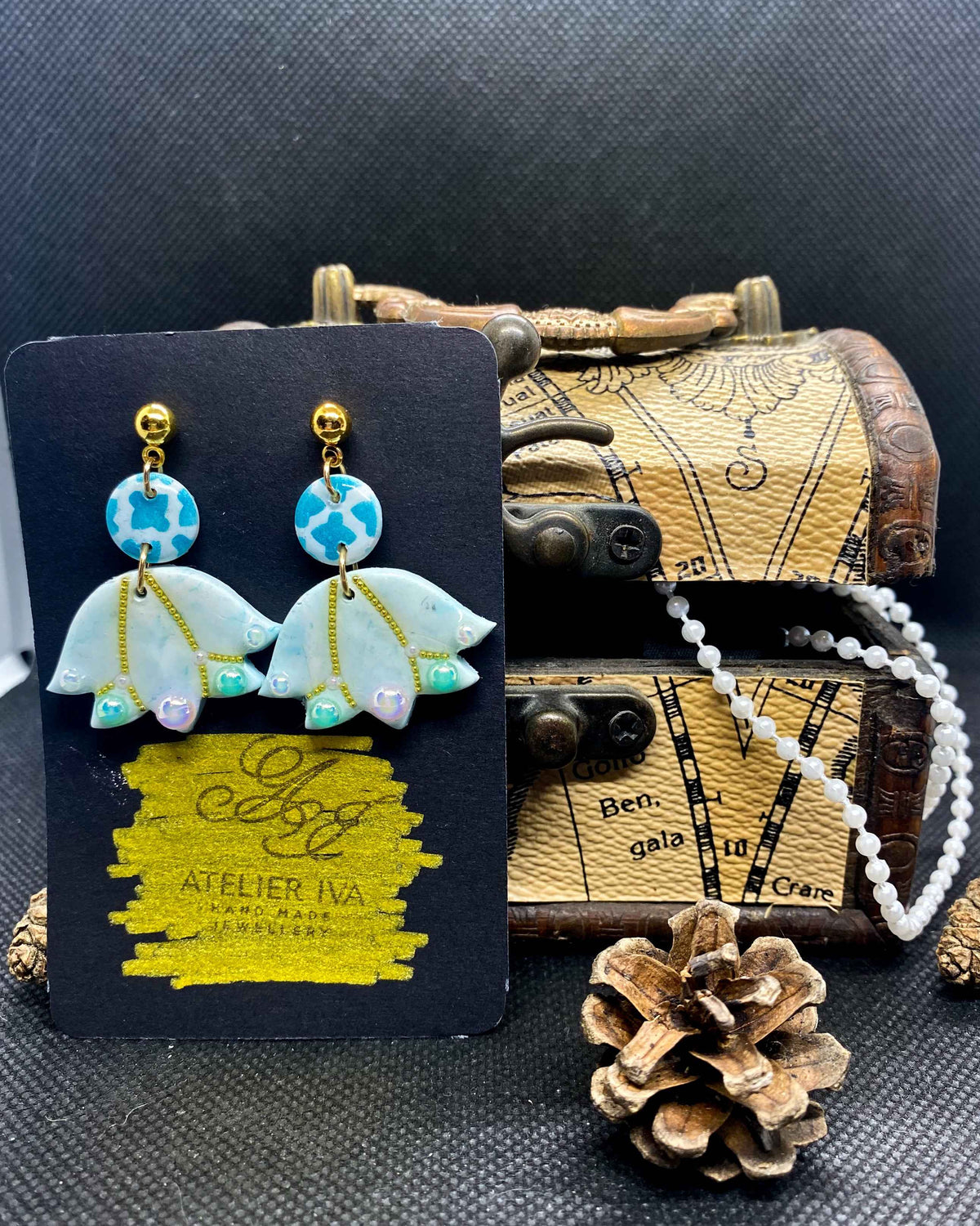 Teal Bell Flower Clay Earrings with Gold Seed Beads