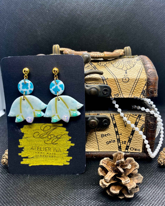 Teal Bell Flower Clay Earrings with Gold Seed Beads