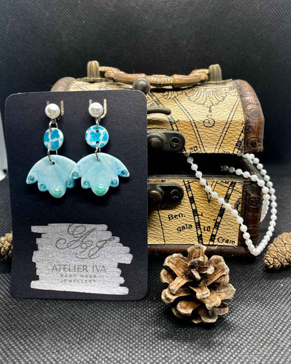 Teal Scalloped Fan Clay Earrings