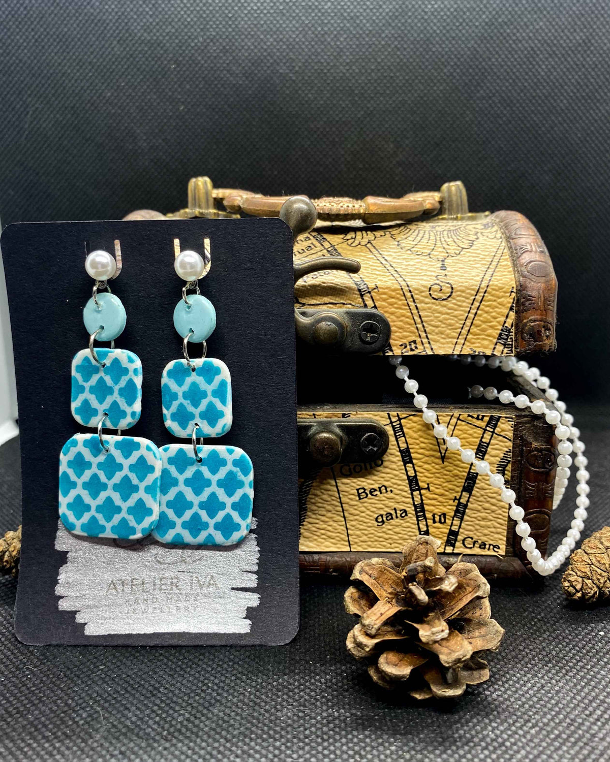Teal Moroccan Double Square Clay Earrings
