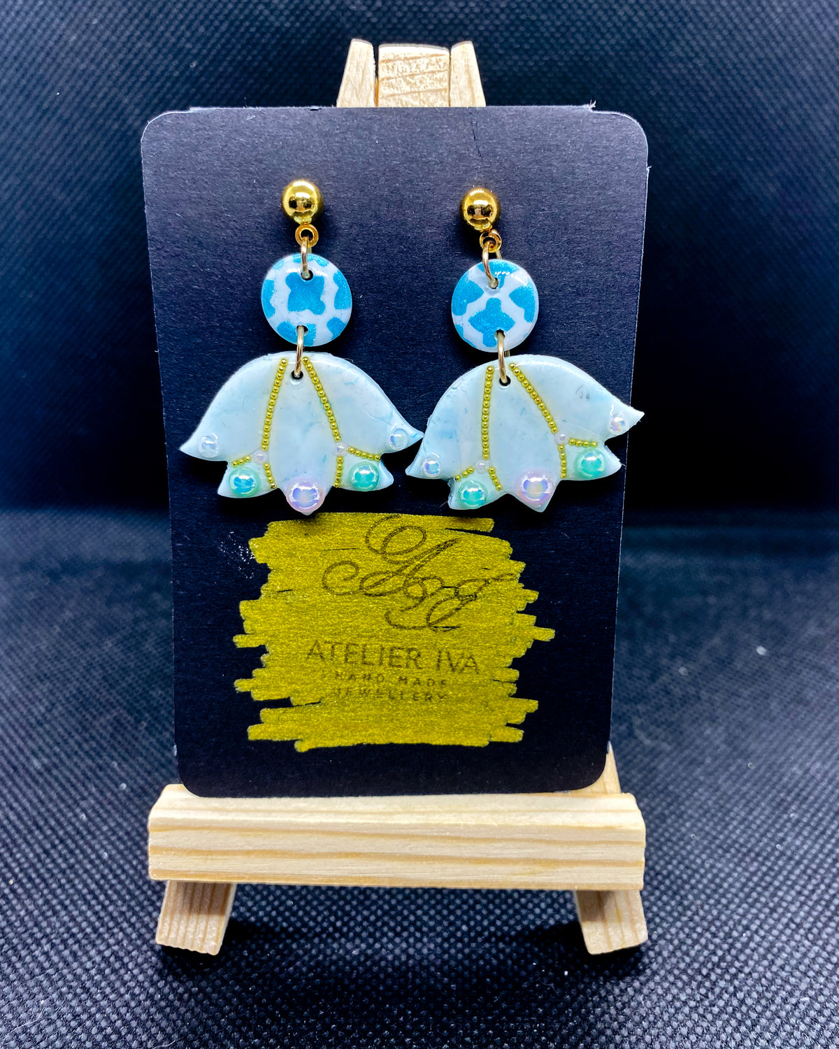Teal Bell Flower Clay Earrings with Gold Seed Beads