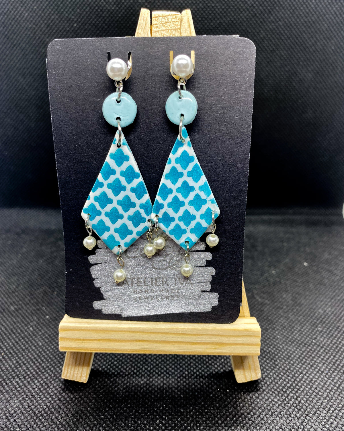 Teal Moroccan Clay Earrings with Pearl Drops