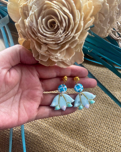Teal Bell Flower Clay Earrings with Gold Seed Beads