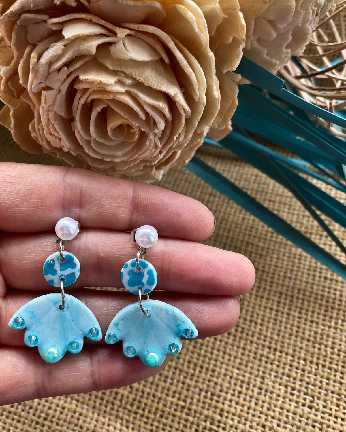 Teal Scalloped Fan Clay Earrings