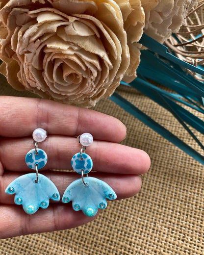 Teal Scalloped Fan Clay Earrings