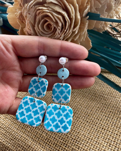 Teal Moroccan Double Square Clay Earrings