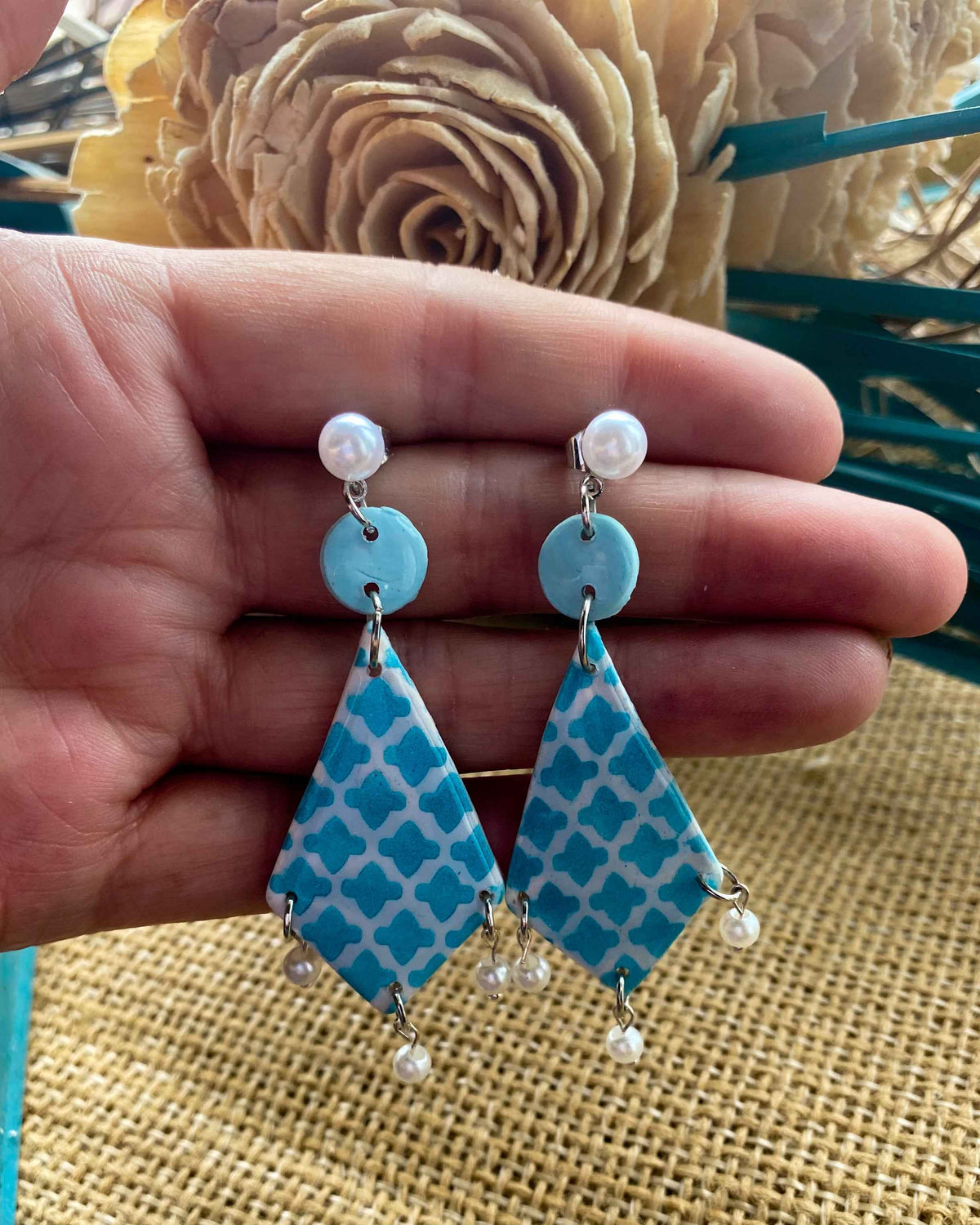 Teal Moroccan Clay Earrings with Pearl Drops