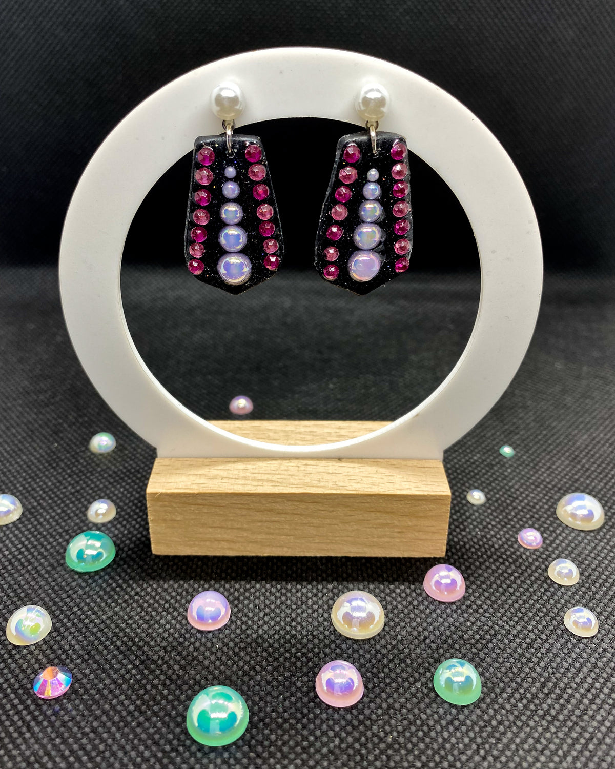 Black Glitter Pink Gem Clay Earrings | Geometric Dangles
