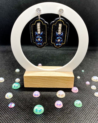 Blue Butterfly Black Glitter Clay Earrings | Crystal Dangles