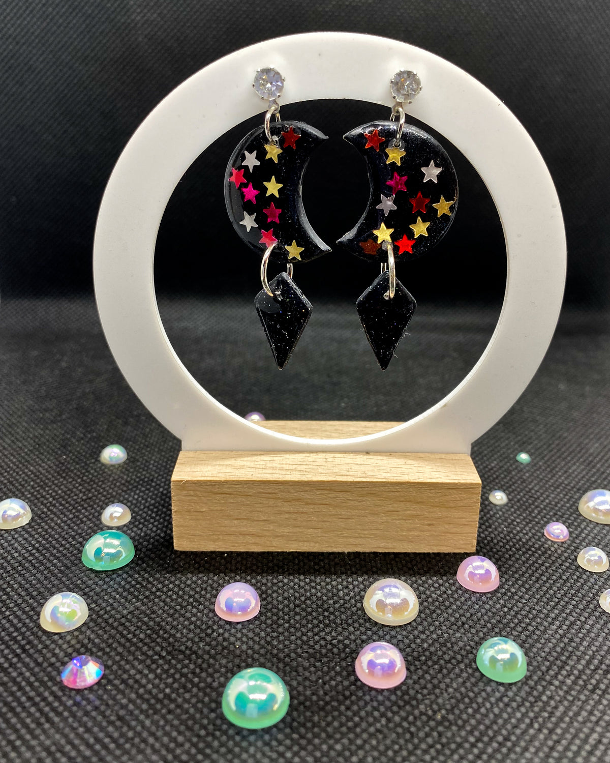 Black Glitter Moon and Stars Clay Earrings | Celestial Dangles
