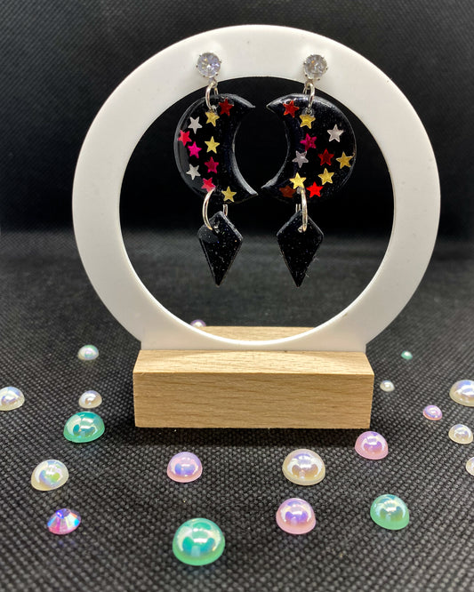 Black Glitter Moon and Stars Clay Earrings | Celestial Dangles