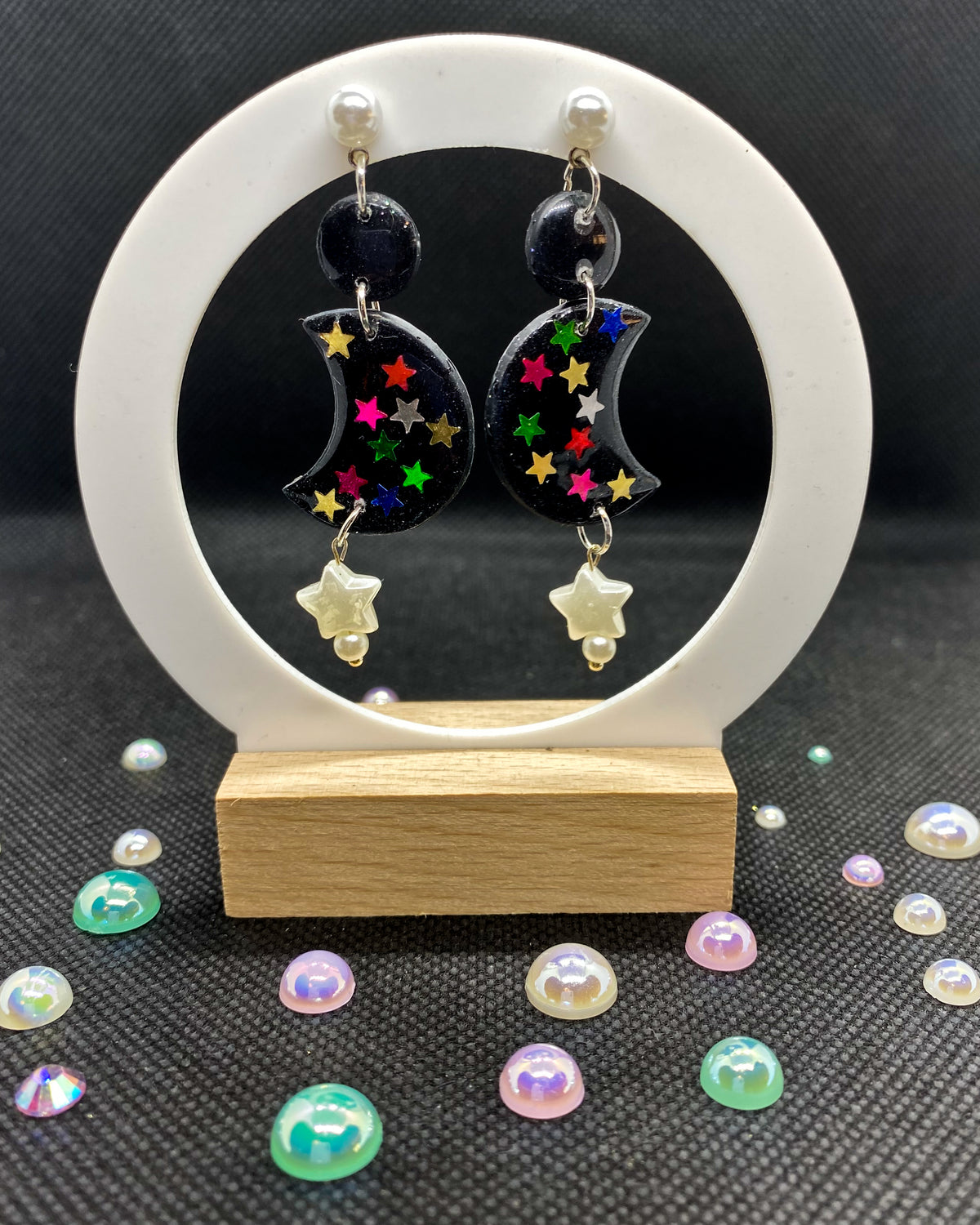 Colourful Stars Black Moon Clay Earrings | Pearl Celestial Dangles