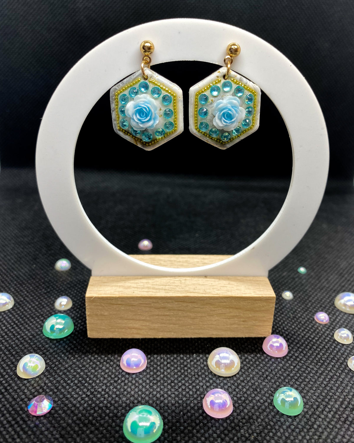Blue Rose Aqua Gem Clay Earrings | Hexagon Floral Dangles