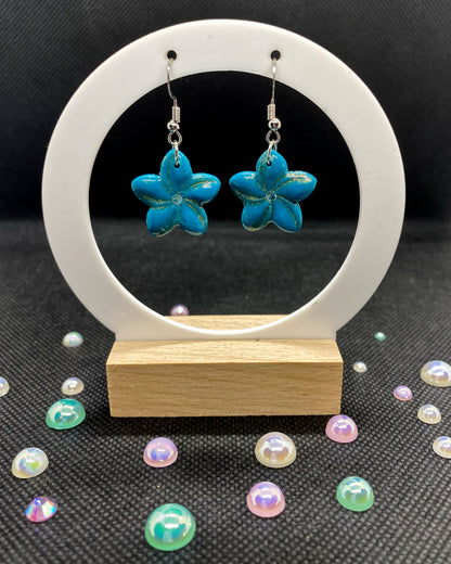 Turquoise Gold Dust Flower Clay Earrings | Rhinestone Floral Dangles