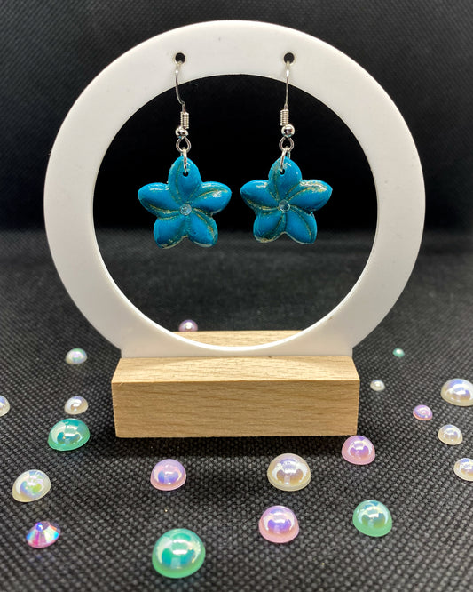 Turquoise Gold Dust Flower Clay Earrings | Rhinestone Floral Dangles
