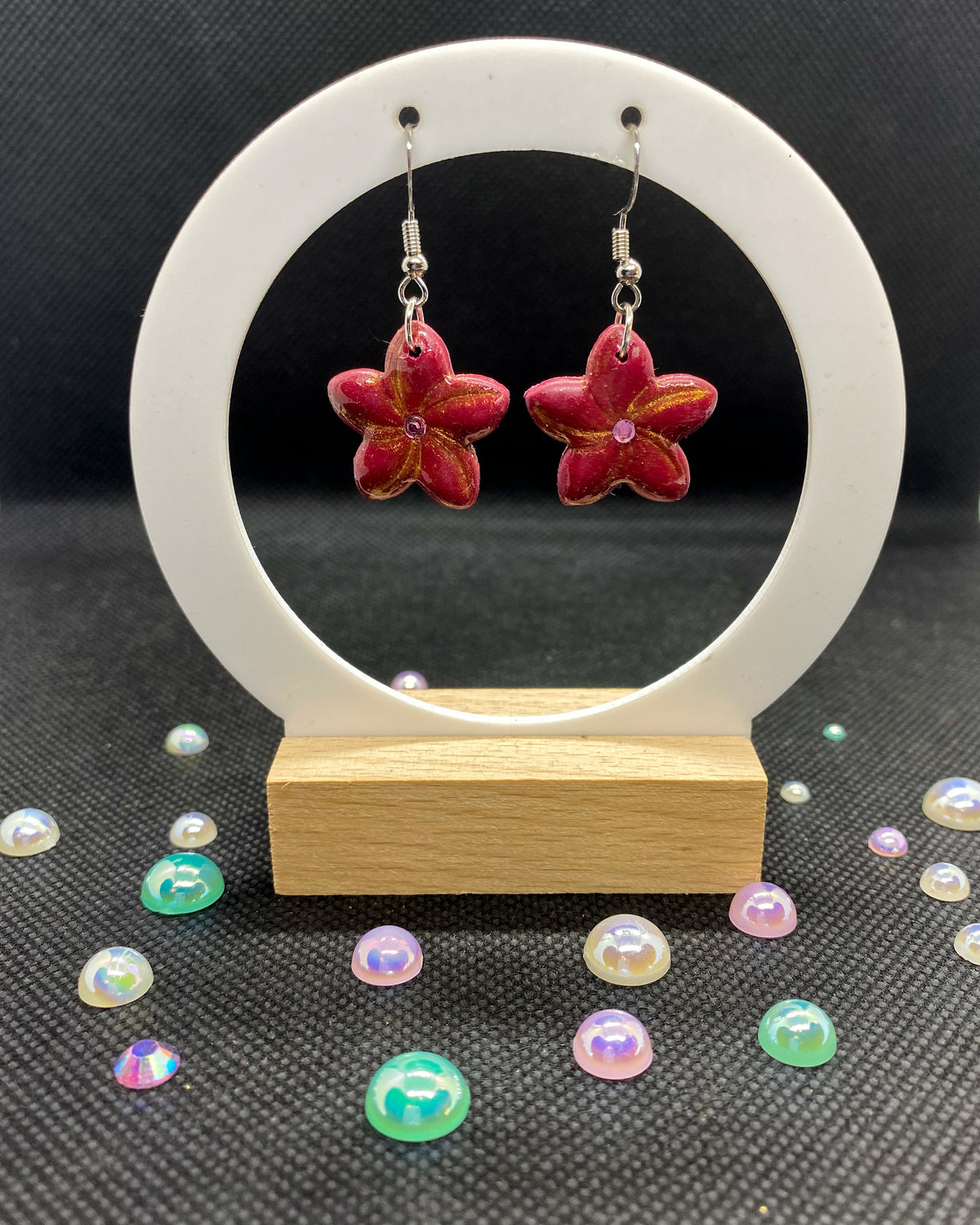 Deep Ruby Red Gold Dust Flower Clay Earrings | Rhinestone Dangles