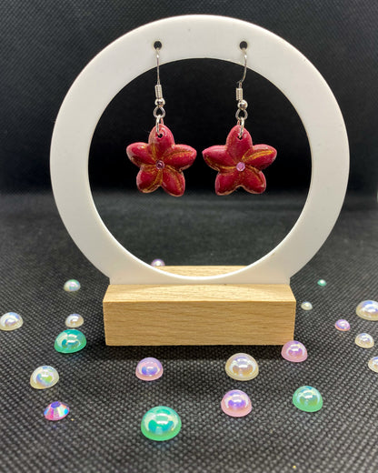 Deep Ruby Red Gold Dust Flower Clay Earrings | Rhinestone Dangles