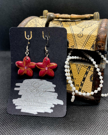 Deep Ruby Red Gold Dust Flower Clay Earrings | Rhinestone Dangles