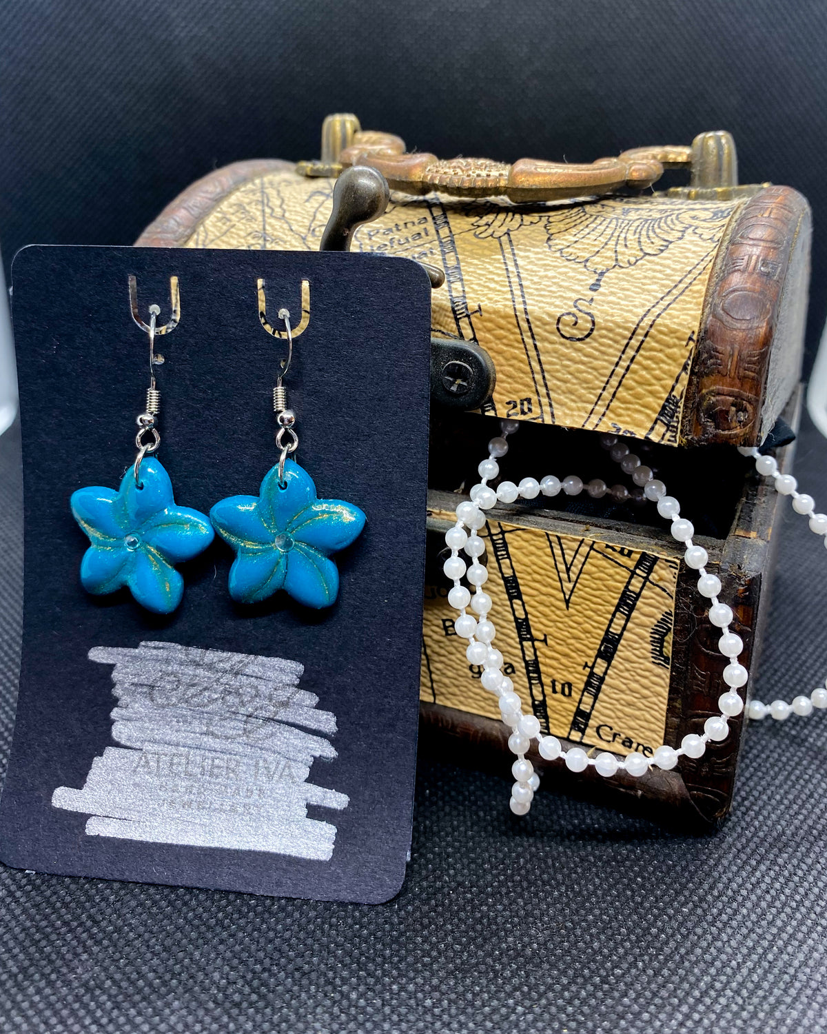 Turquoise Gold Dust Flower Clay Earrings | Rhinestone Floral Dangles