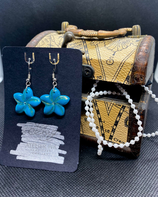 Turquoise Gold Dust Flower Clay Earrings | Rhinestone Floral Dangles