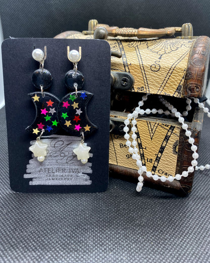 Colourful Stars Black Moon Clay Earrings | Pearl Celestial Dangles
