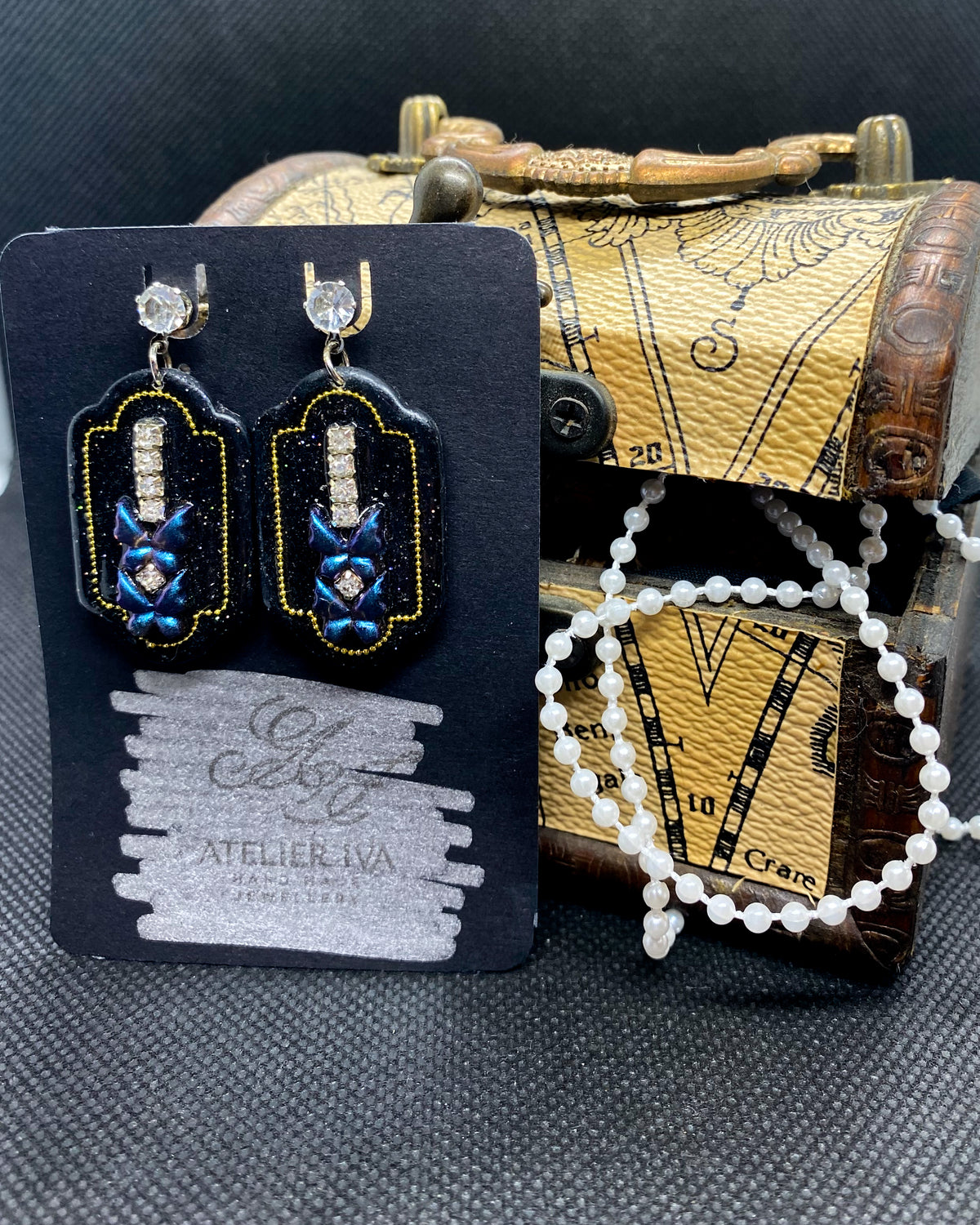 Blue Butterfly Black Glitter Clay Earrings | Crystal Dangles