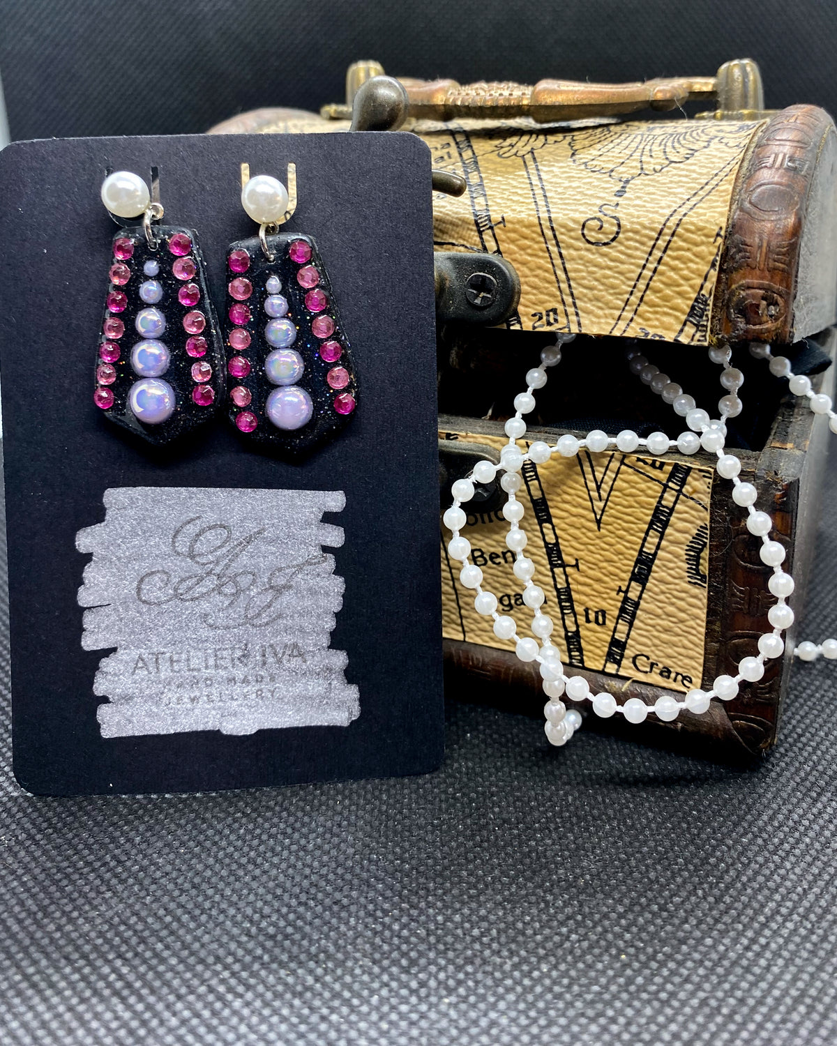 Black Glitter Pink Gem Clay Earrings | Geometric Dangles