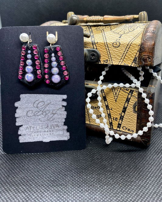 Black Glitter Pink Gem Clay Earrings | Geometric Dangles