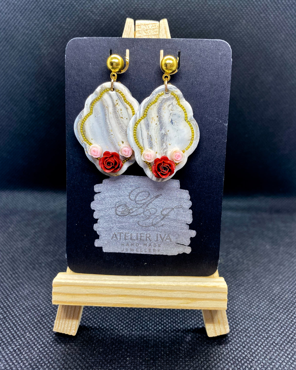 Red Rose Marble Clay Earrings | Floral Dangle Earrings