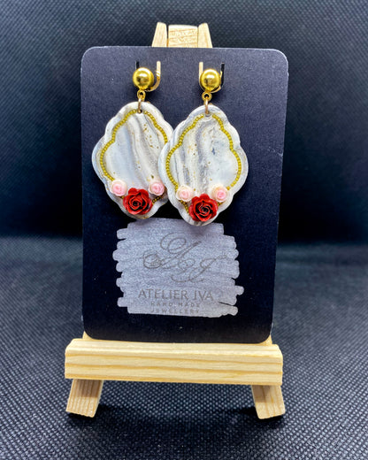 Red Rose Marble Clay Earrings | Floral Dangle Earrings