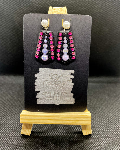 Black Glitter Pink Gem Clay Earrings | Geometric Dangles
