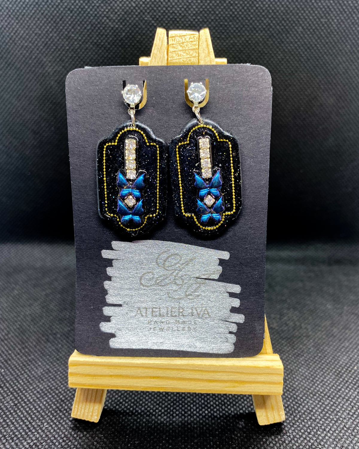 Blue Butterfly Black Glitter Clay Earrings | Crystal Dangles