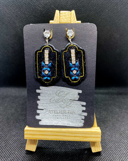 Blue Butterfly Black Glitter Clay Earrings | Crystal Dangles