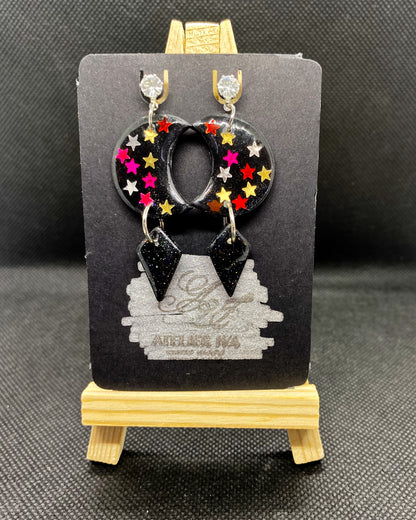Black Glitter Moon and Stars Clay Earrings | Celestial Dangles
