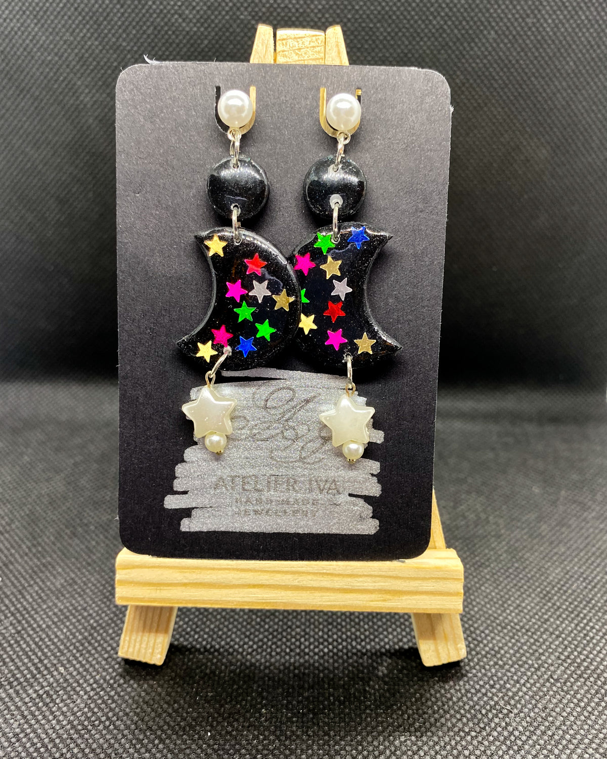 Colourful Stars Black Moon Clay Earrings | Pearl Celestial Dangles